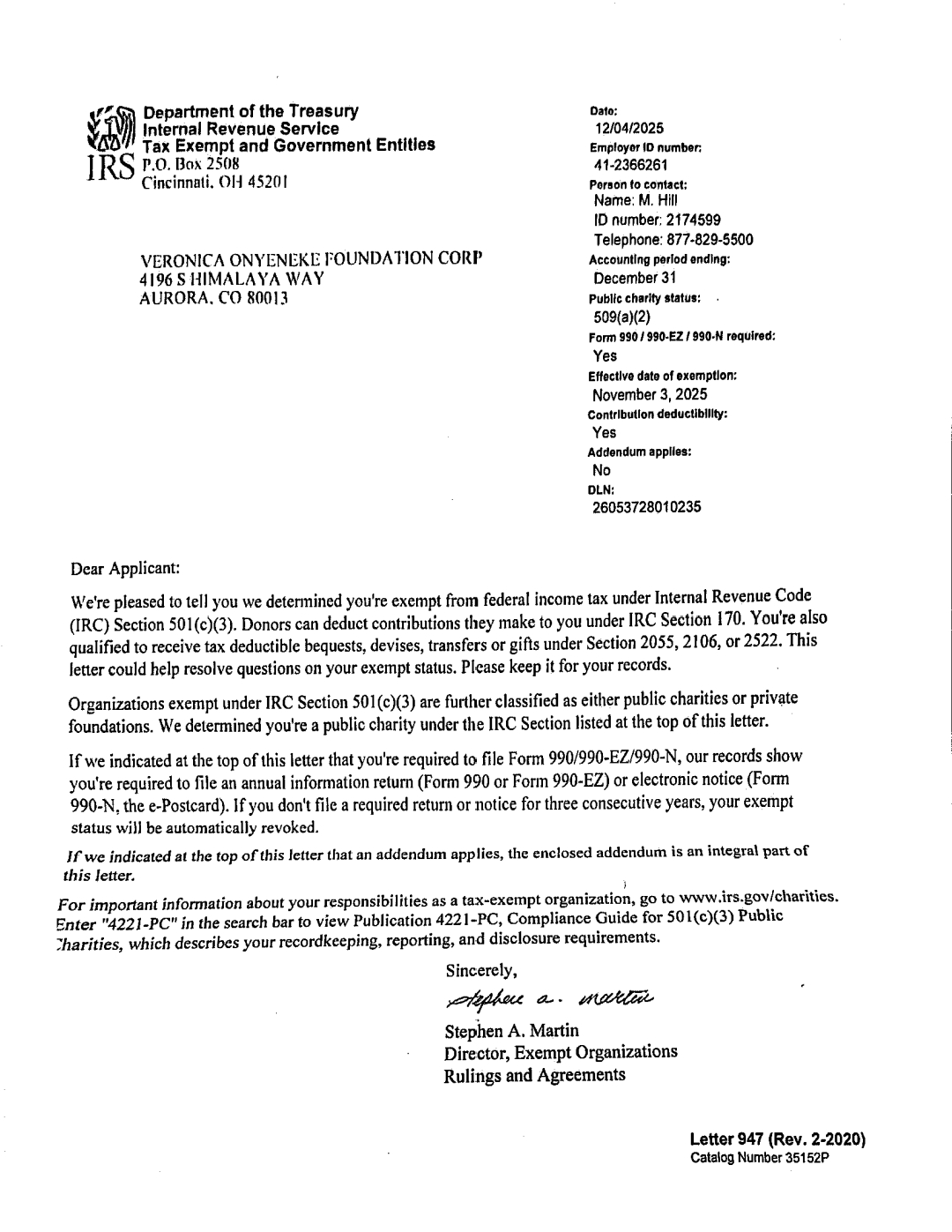 U.S. IRS 501(c)(3) Determination Letter (Page 1)