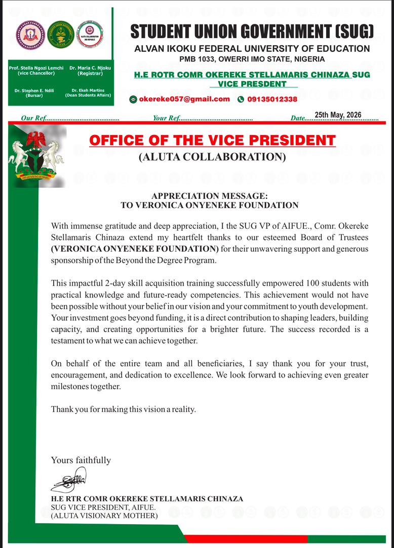 SUG Official Appreciation Letter