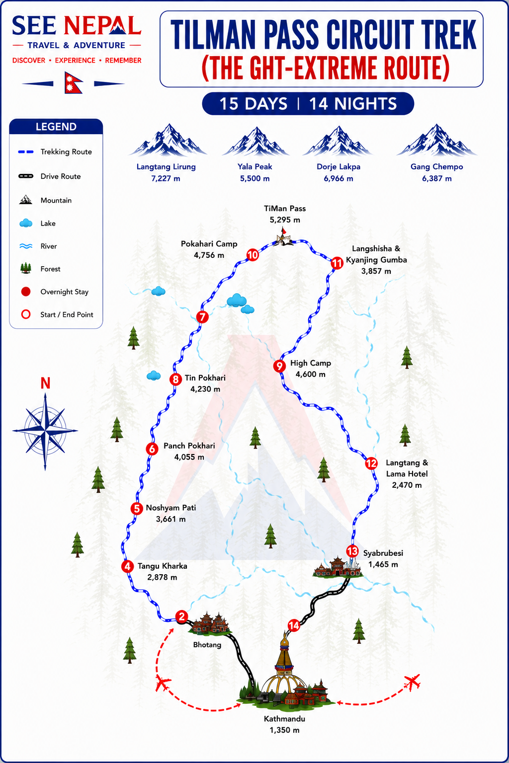 Tilman Pass Circuit Trek (The GHT-Extreme Route) Trekking Map