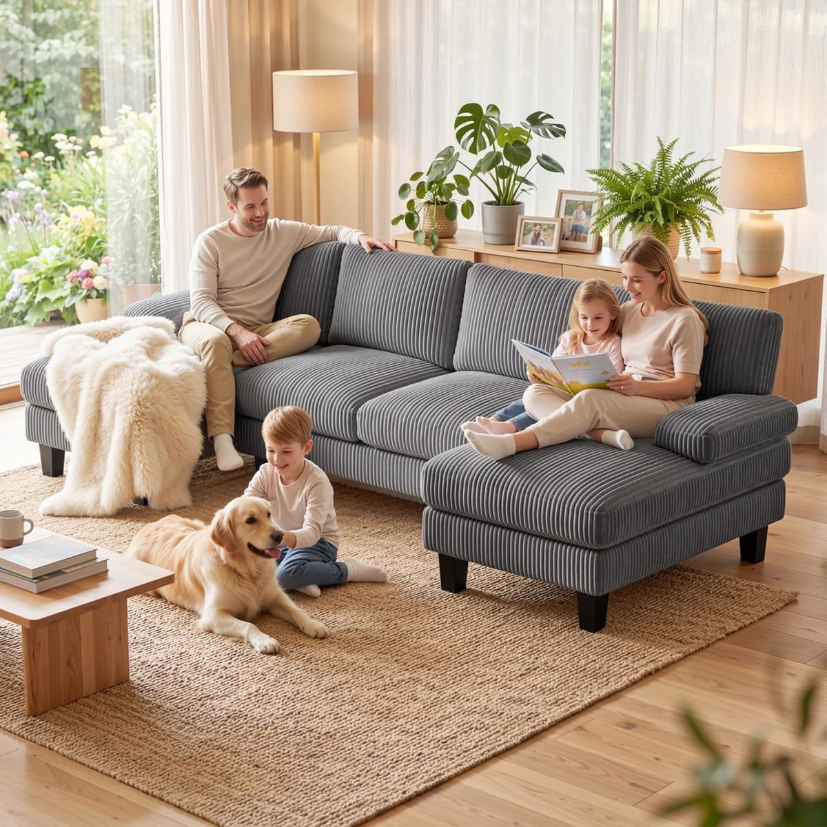 Sofá en U de 4 Plazas con Chaiselongue Xbro de Corduroy Gris Oscuro view 4
