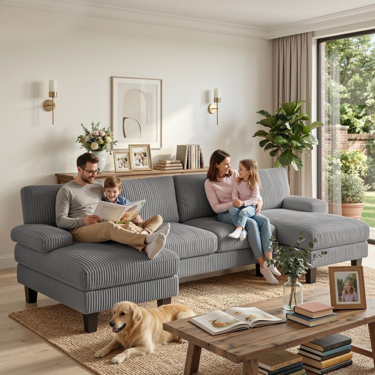 Sofá en U de 4 Plazas con Chaiselongue Xbro de Corduroy Gris Oscuro view 6