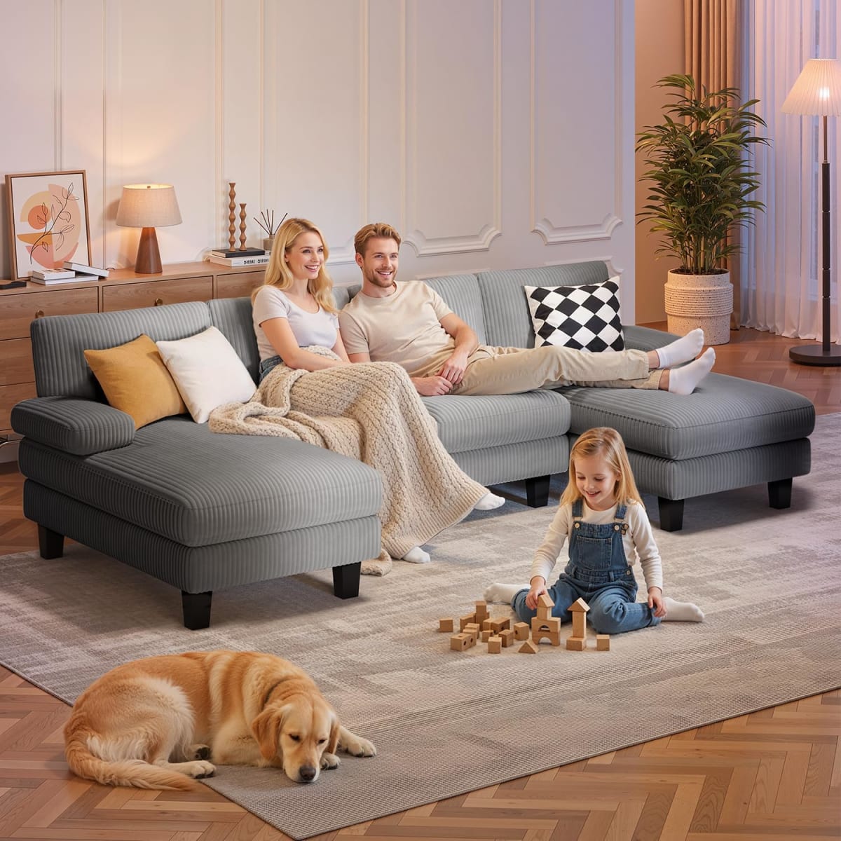 Sofá en U de 4 Plazas con Chaiselongue Xbro de Corduroy Gris Oscuro view 8