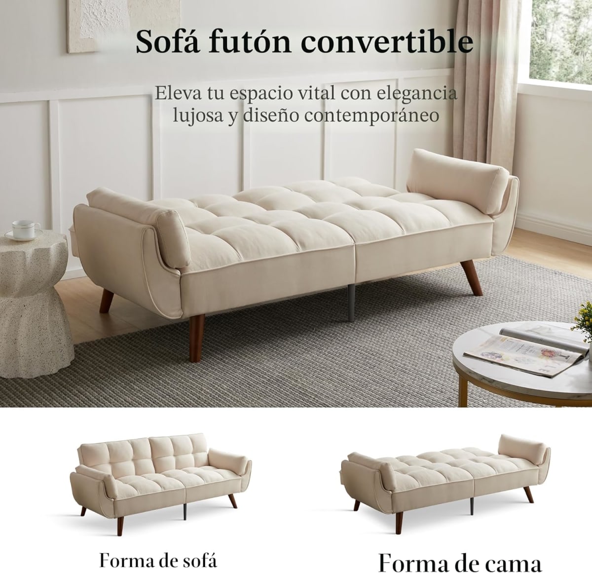 Sofá Cama Escandinavo de 3 Plazas Ajustable JIEXI Beige view 3