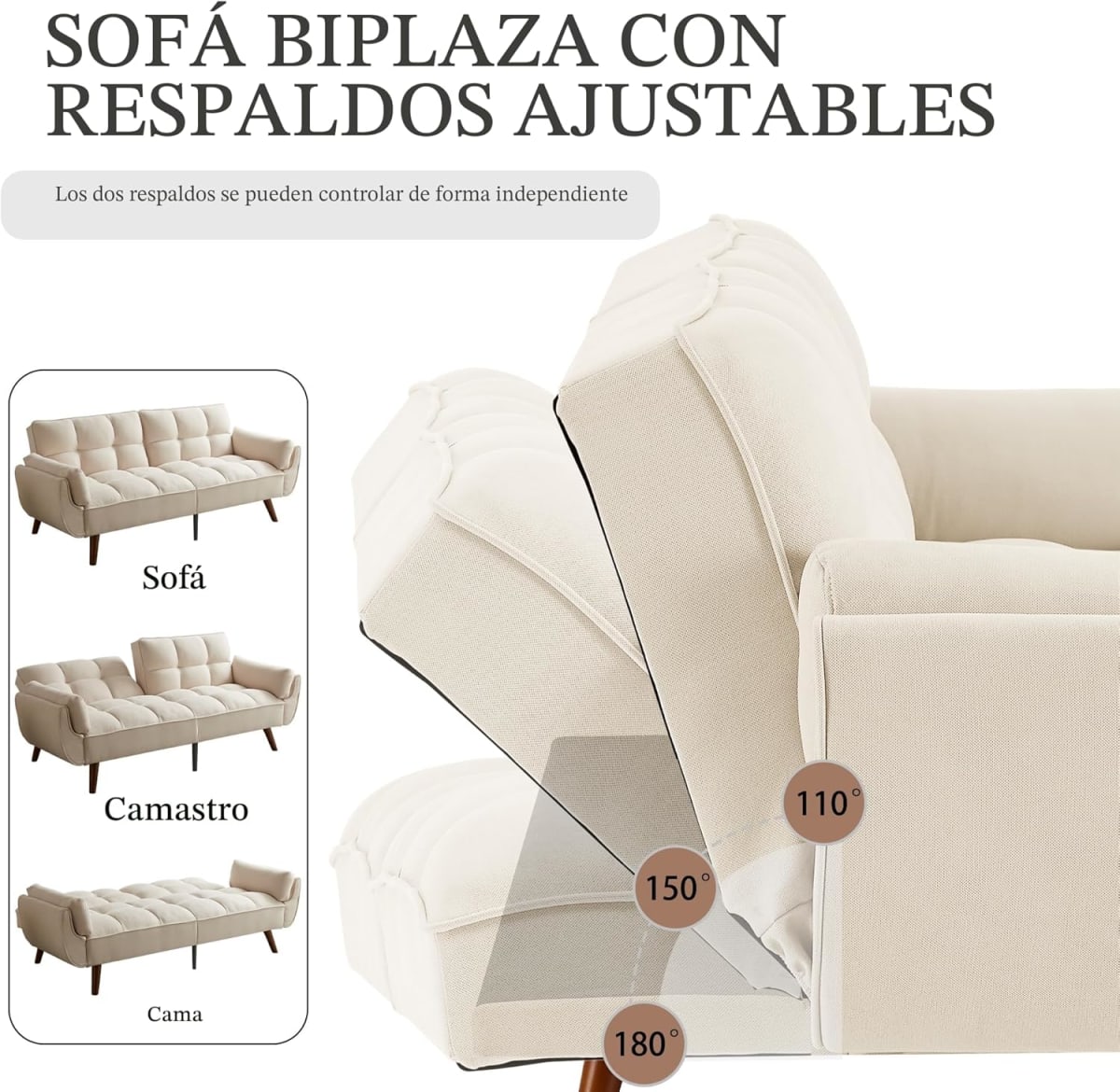 Sofá Cama Escandinavo de 3 Plazas Ajustable JIEXI Beige view 5