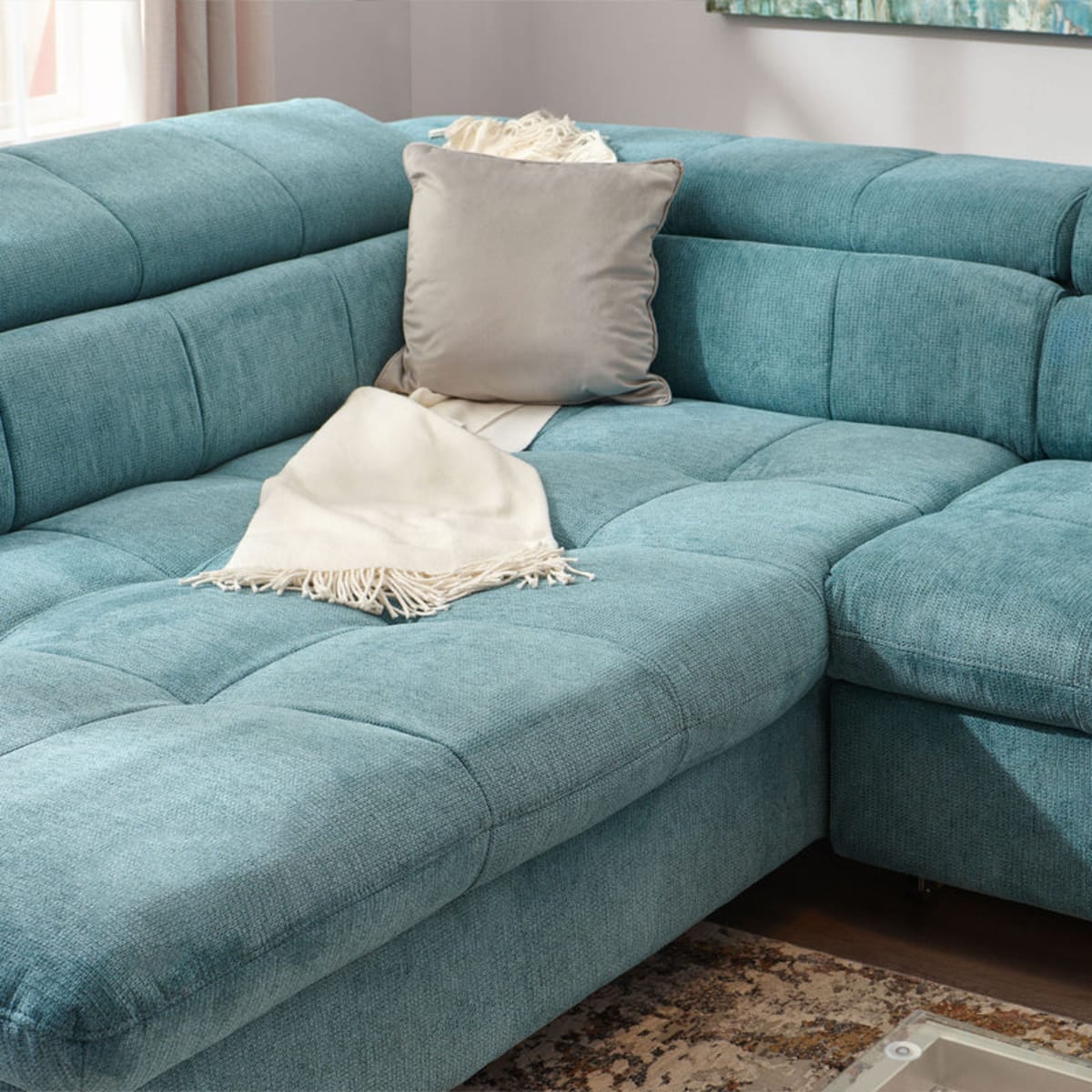 Sofá esquinero extensible Shane con chaiselongue izquierda/derecha, tela, turquesa view 11