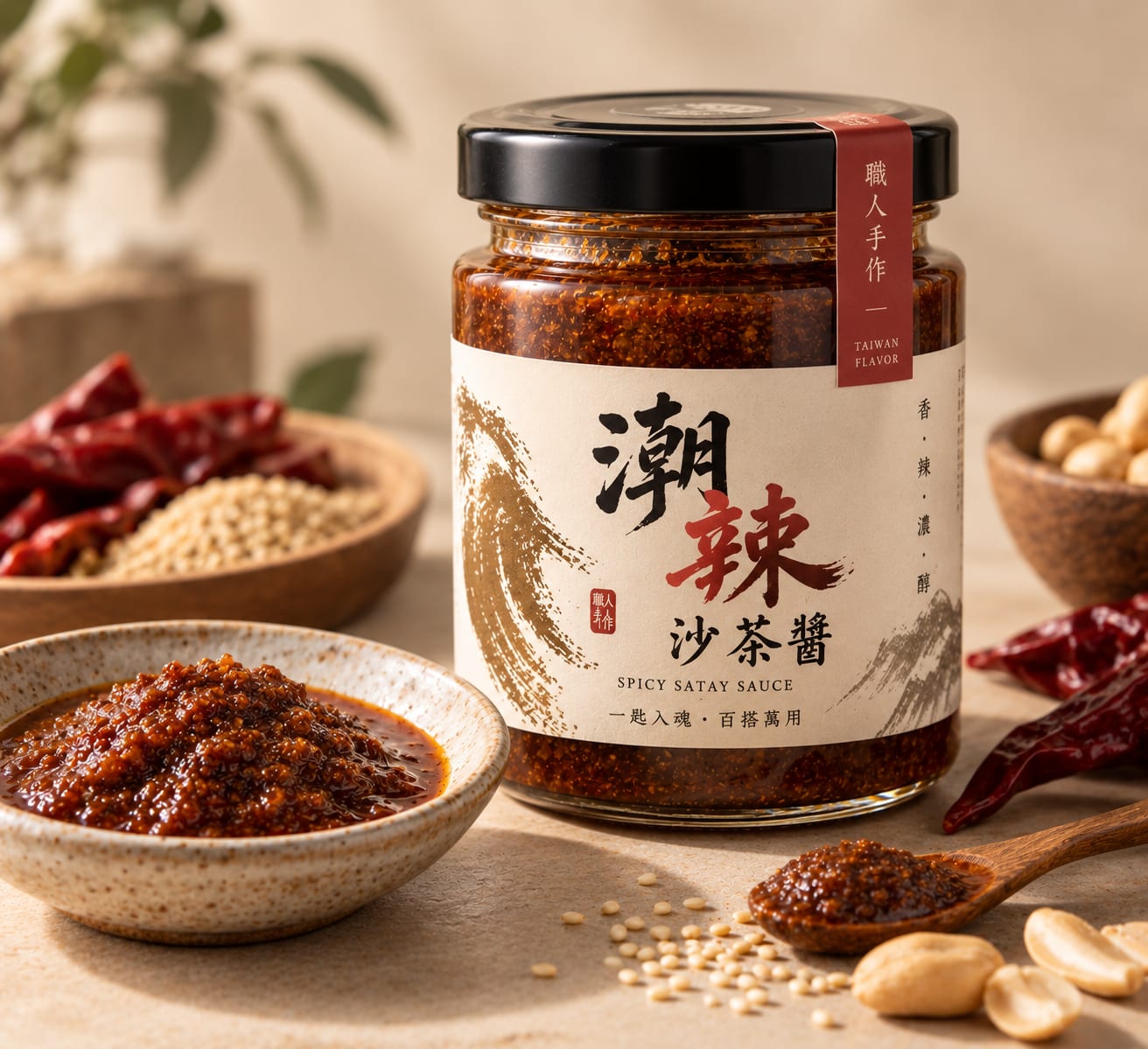 大心自製潮辣沙茶醬罐裝特寫