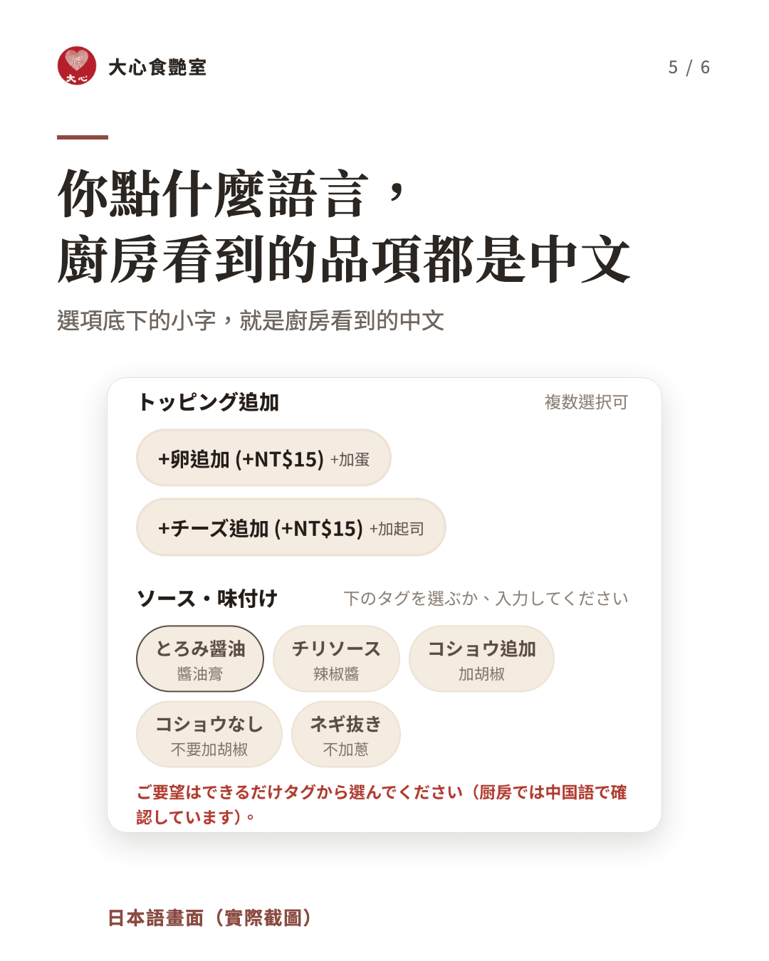 外語點餐畫面，選項底下的中文小字就是廚房看到的內容