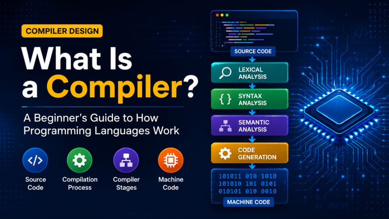 Diagram illustrating how a compiler converts source code into machine code through lexical analysis, parsing, semantic analysis, and code generation.