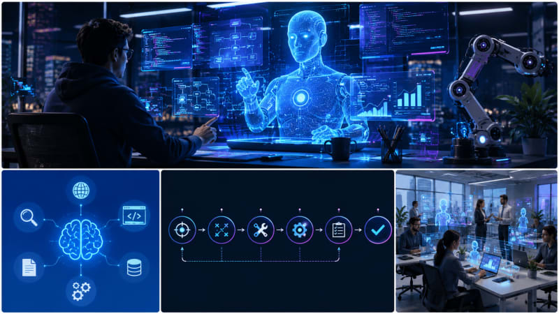 software engineer collaborates with the AI in a modern cyberpunk office