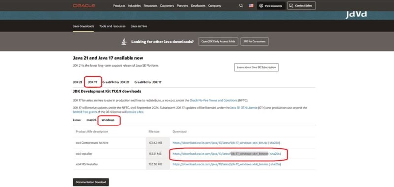 Oracle JDK download page for Windows