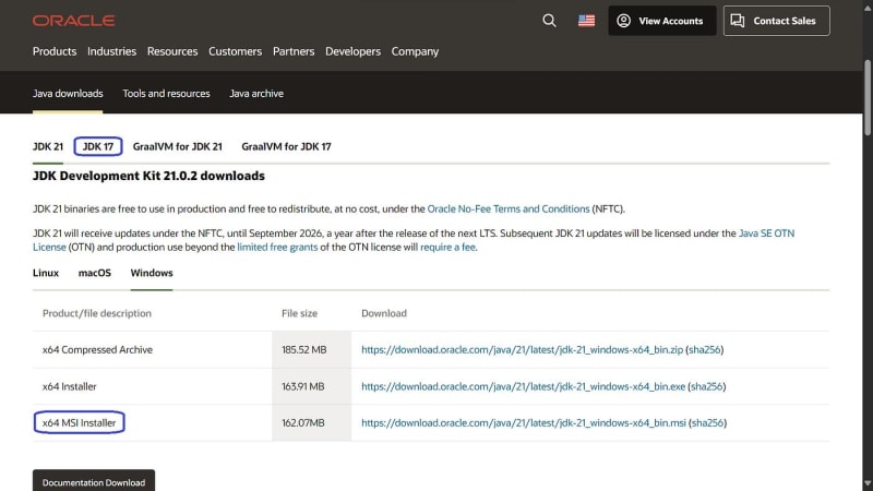 Windows JDK installer download in progress