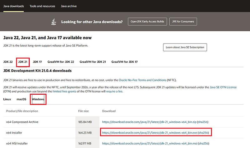 Selecting a JDK installer on the Java download page