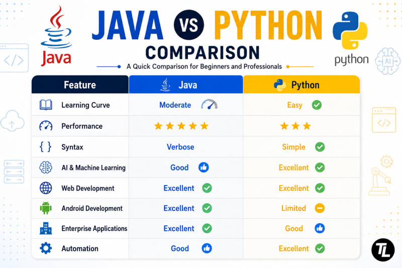 Side-by-side overview of Java versus Python