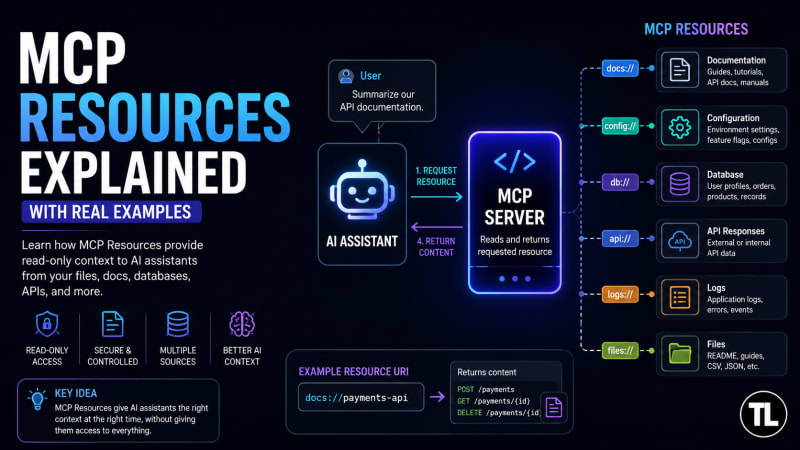 MCP Resources architecture showing an AI assistant accessing documentation, databases, configuration files, and APIs through an MCP Server.