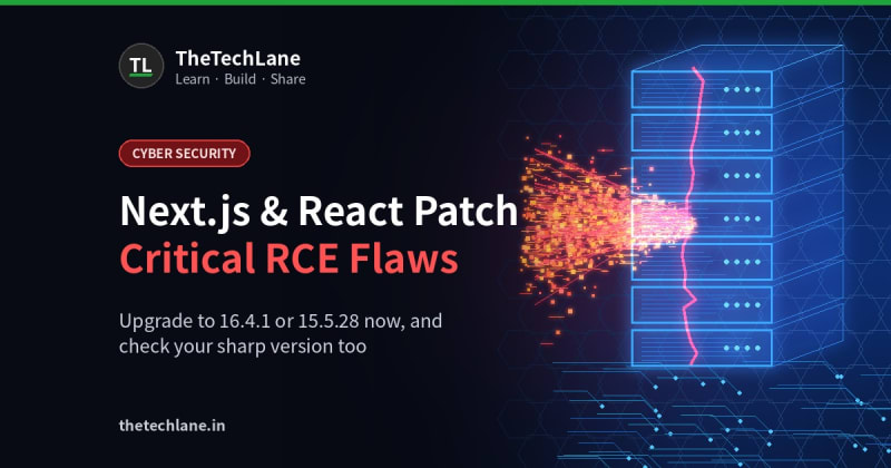 TheTechLane cover: a glowing server rack split by a red crack as malicious data streams in, with the headline Next.js & React Patch Critical RCE Flaws