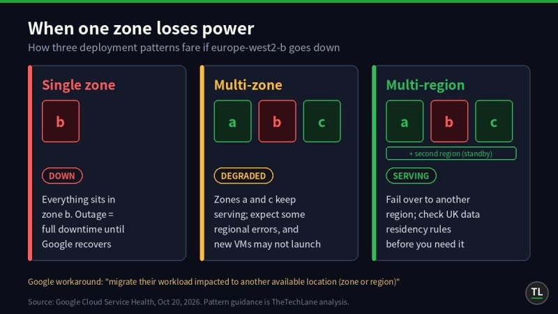 Diagram comparing a single-zone deployment that failed in europe-west2-b with multi-zone and multi-region setups that keep serving traffic