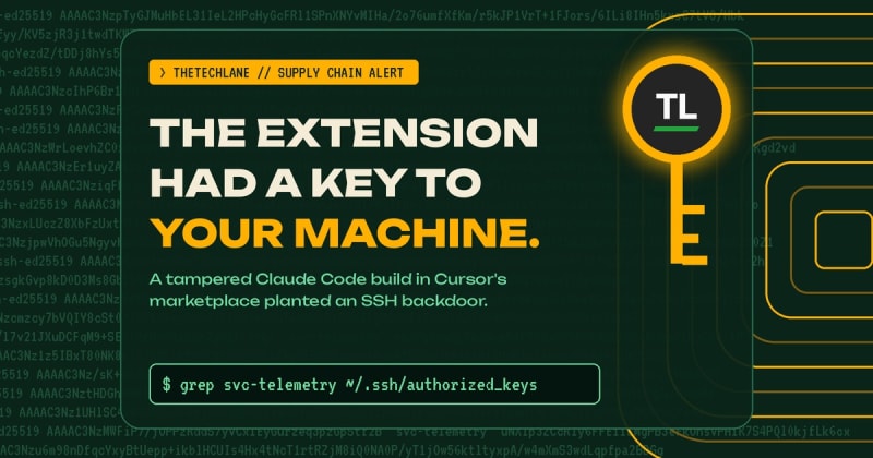 TheTechLane cover on a deep green terminal background with faint SSH key text, the TL logo forming the bow of an amber key beside amber tunnel rings, the headline "The extension had a key to your machine." and the command grep svc-telemetry ~/.ssh/authorized_keys