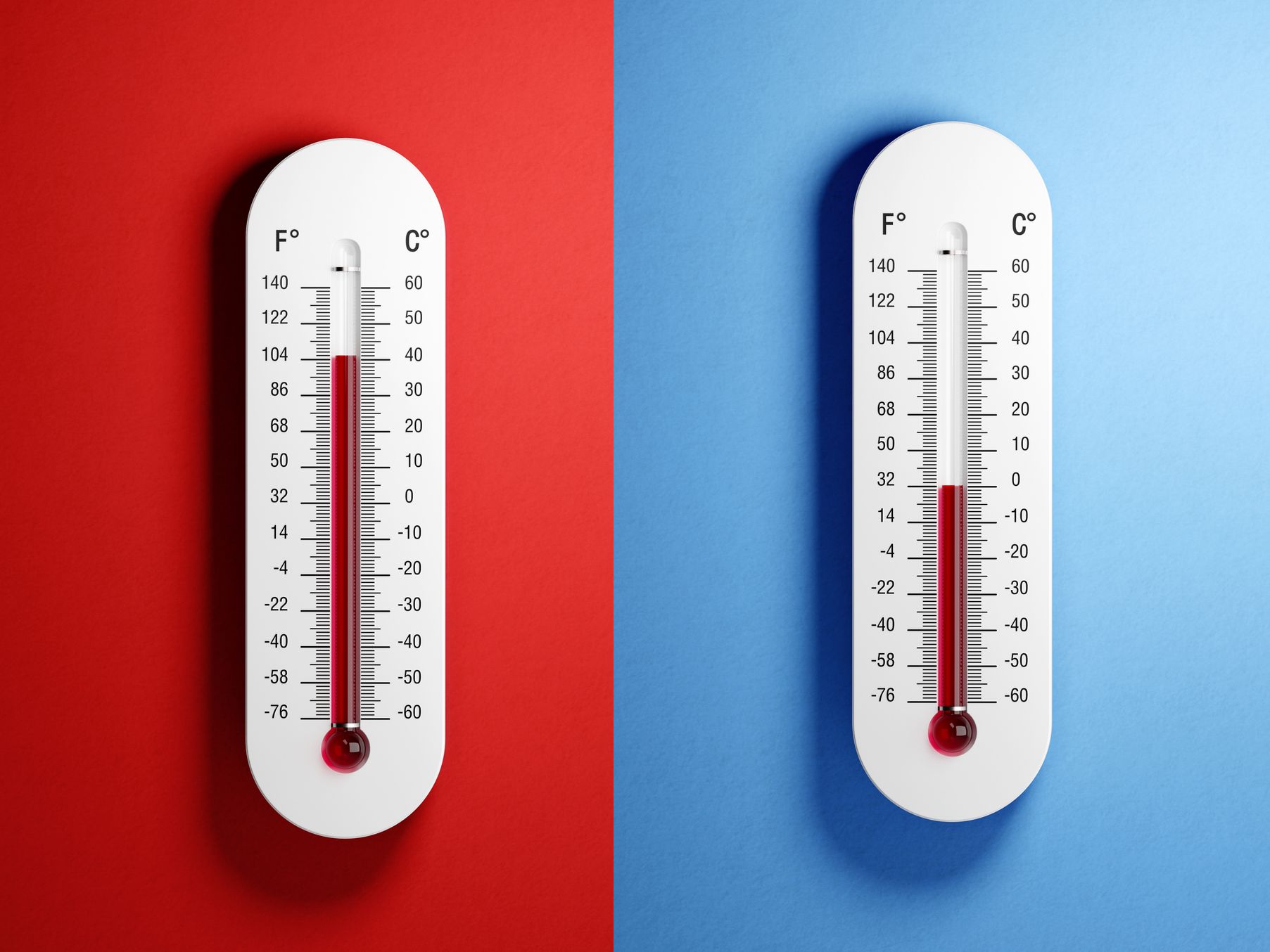 Two thermometers contrasting between cold and hot.