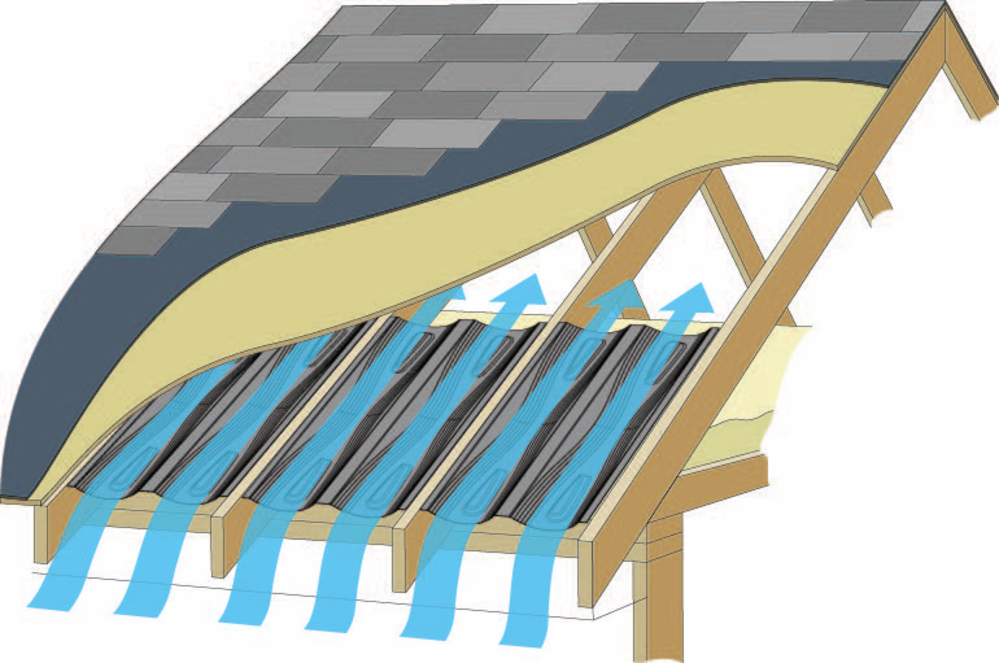 Full color illustration of what a rafter vent looks like installed, with airflow indicators.