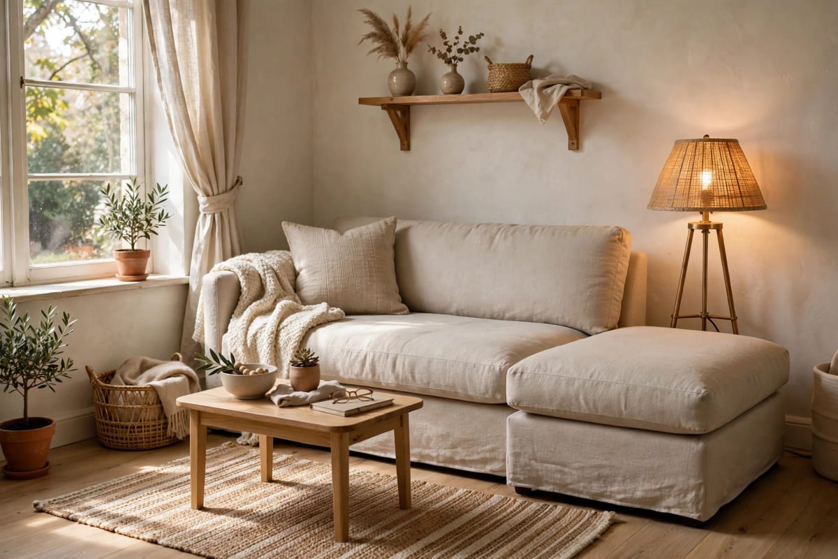 Chaise-end sofa in a small living room with the lounge extension on one side