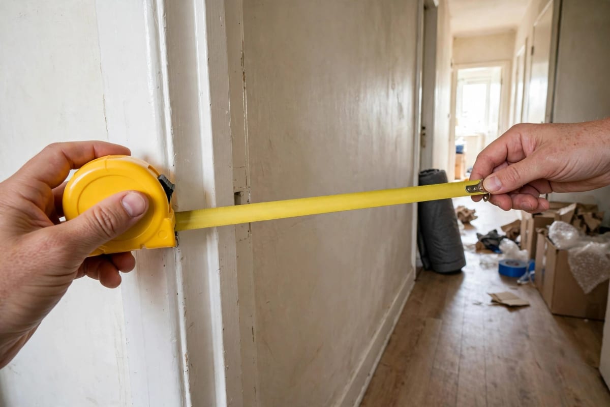 Measuring a doorway's width and diagonal depth before ordering a sofa for a small apartment