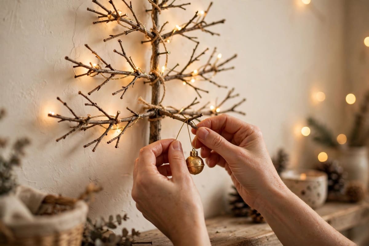 Hanging an ornament on a wall-mounted branch Christmas tree alternative