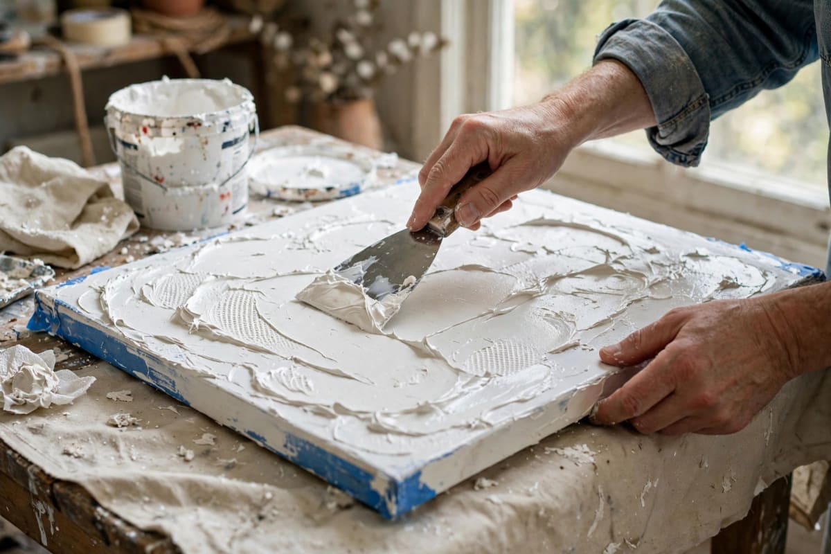 Spreading joint compound on a canvas with a putty knife for DIY plaster wall art