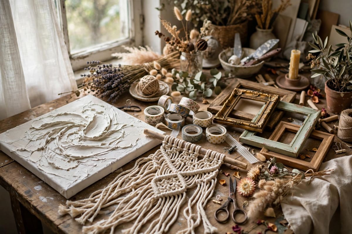 Collage-style arrangement of DIY wall decor: plaster art, macrame hanging, and framed gallery wall