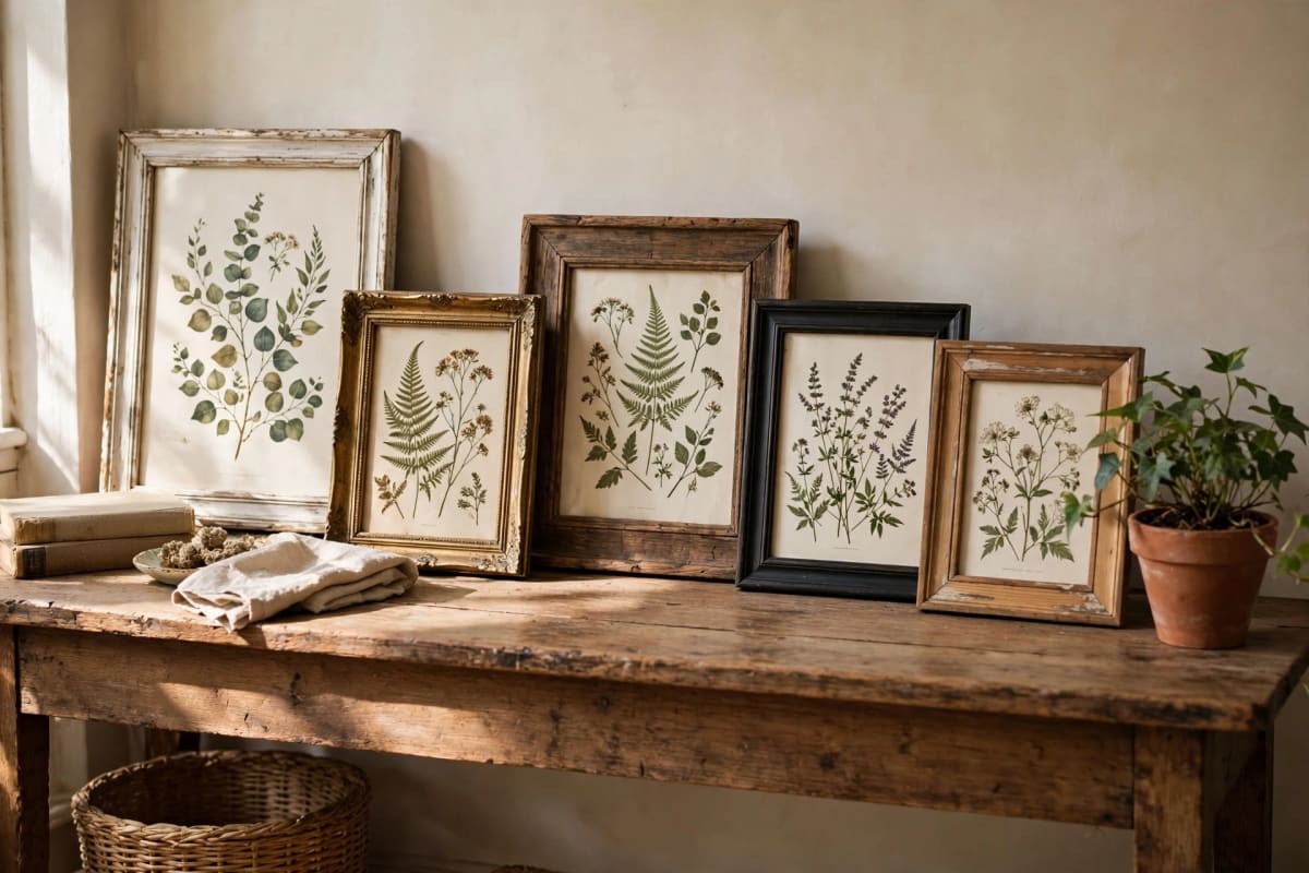 Thrifted frames and botanical prints arranged as DIY wall decor on a console table