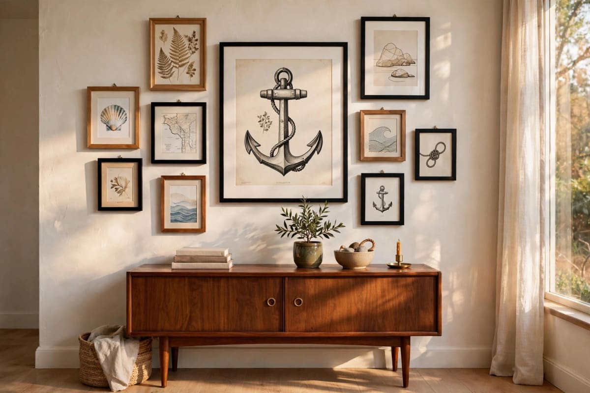 Finished framed gallery wall with mixed frame sizes above a living room sofa