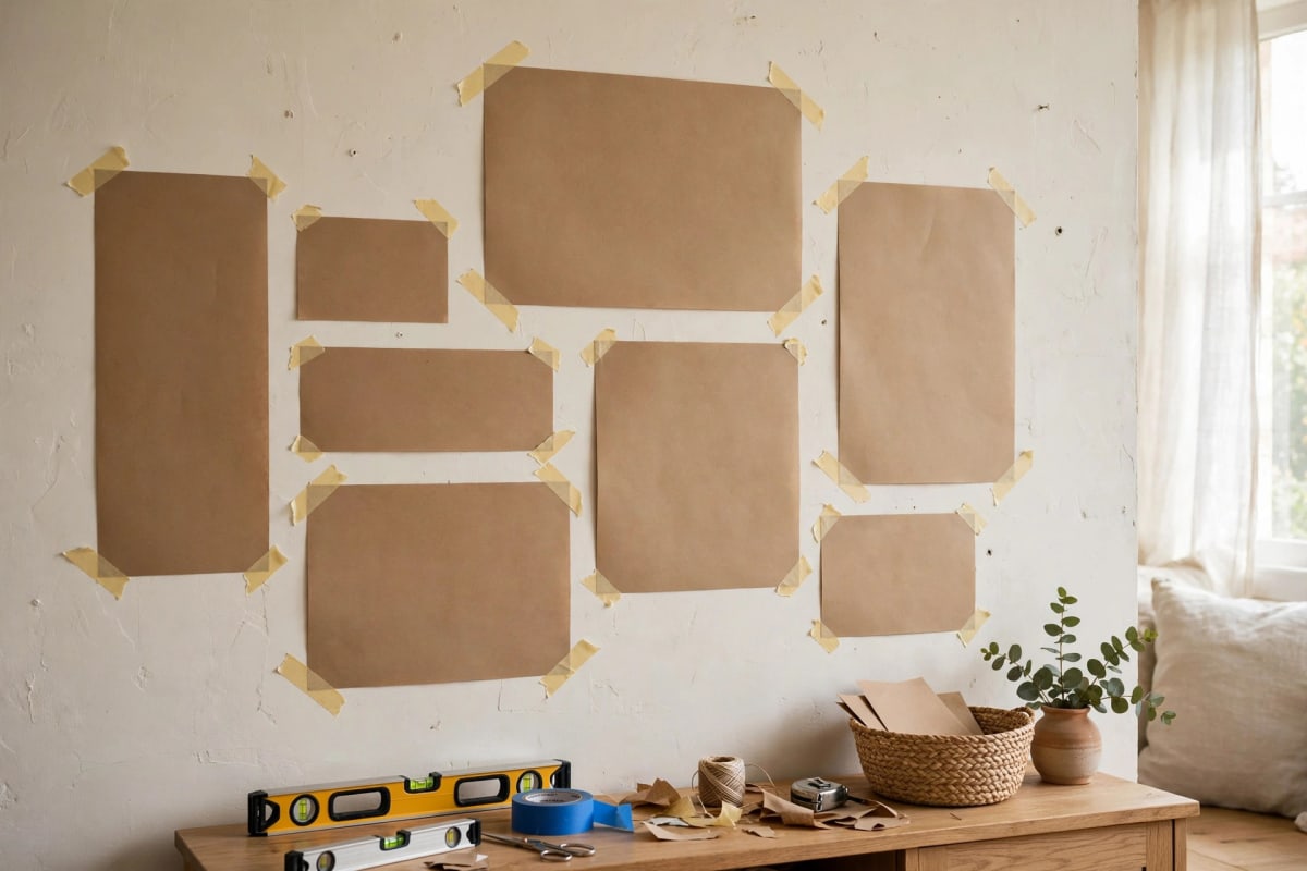Arranging paper templates on a wall to plan a gallery wall layout before hanging