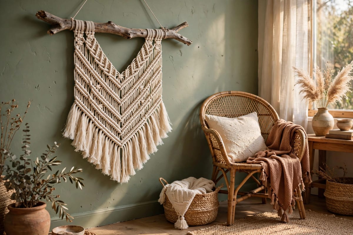 Finished beginner macrame wall hanging with fringe on a bedroom wall