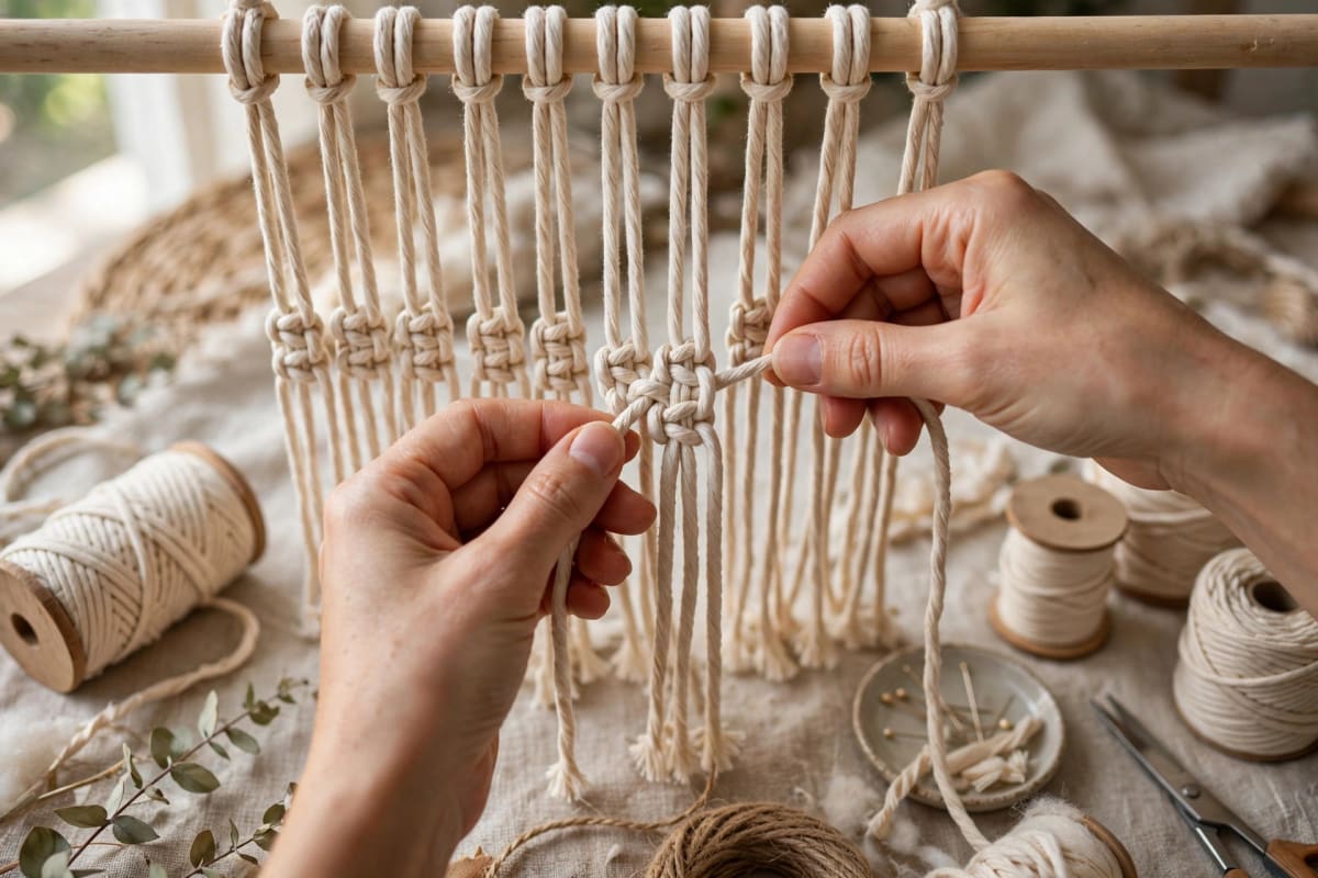 Hands tying square knots in cotton macrame cord on a wooden dowel