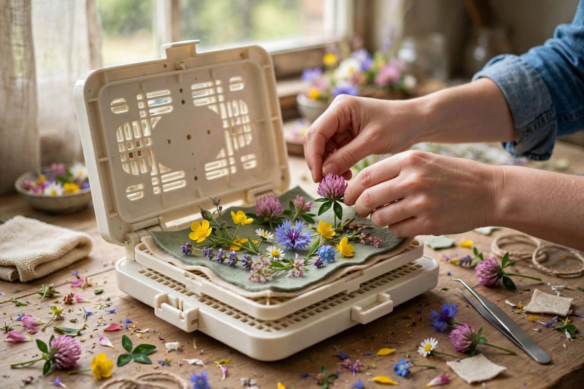 Arranging fresh flowers on a microwave flower press liner before pressing