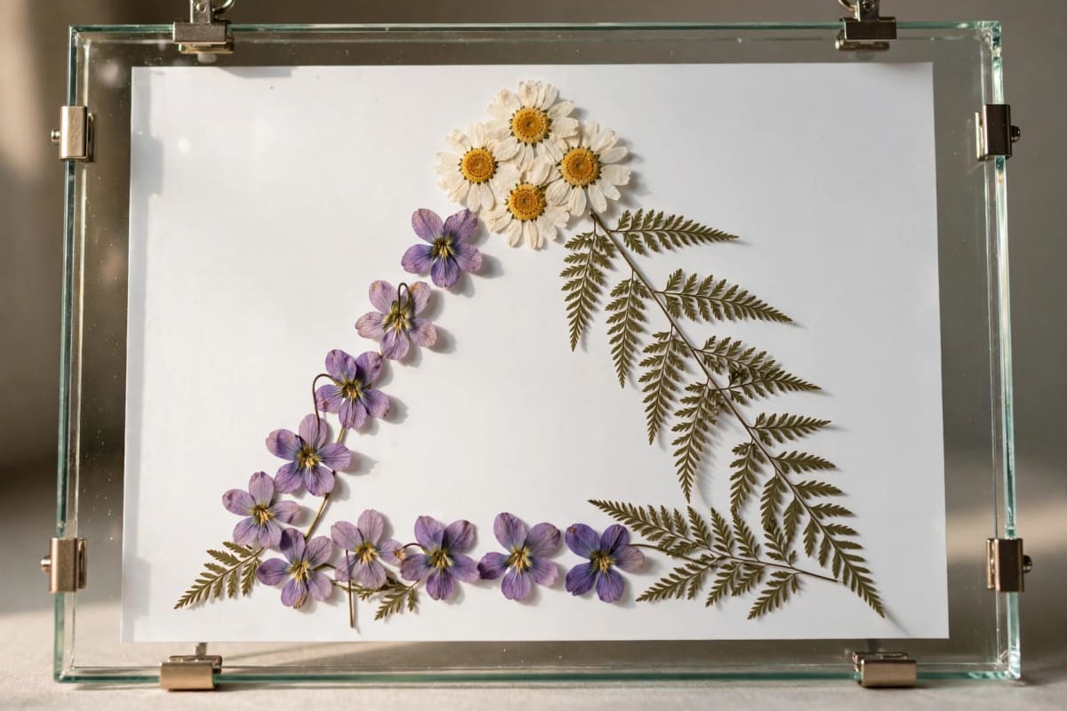 Finished pressed flower botanical art in a floating glass frame on a wall