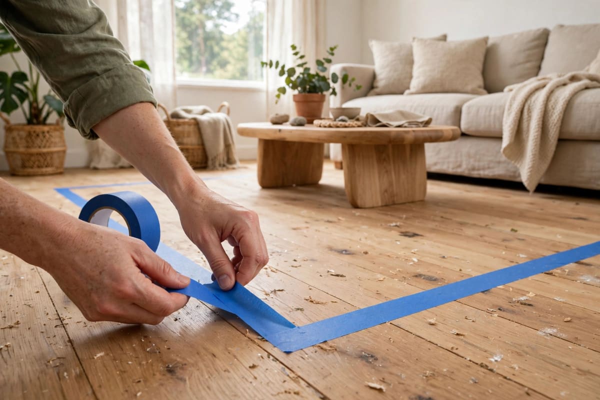 Outlining rug dimensions on a living room floor with painter's tape before buying