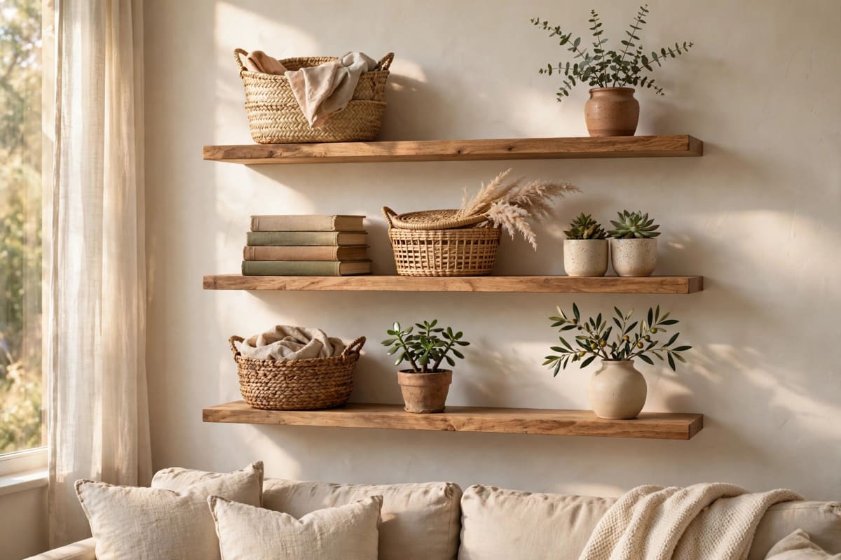 Organized floating shelves with baskets and books in a small living room