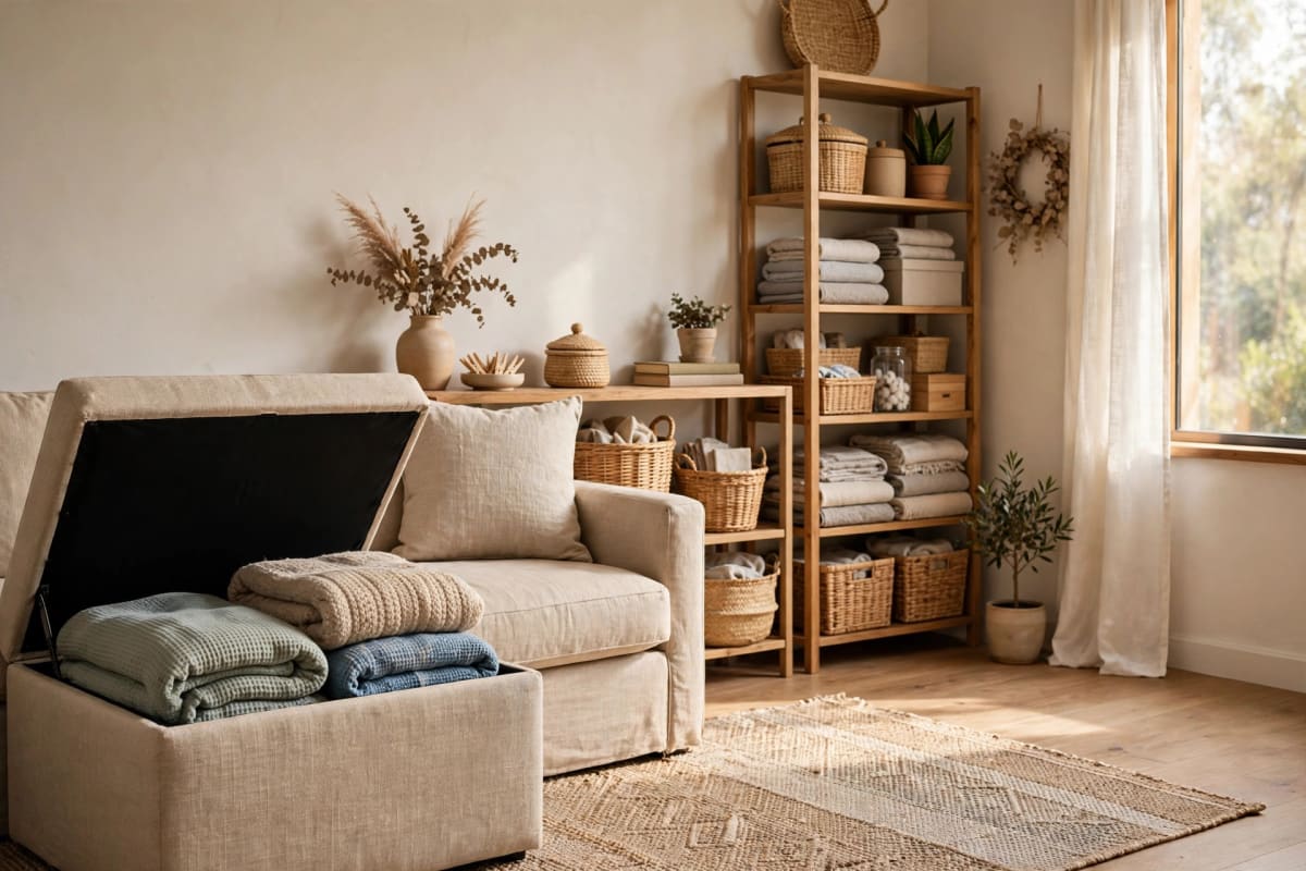 Small living room with storage ottoman, tall shelving unit, and behind-sofa console table