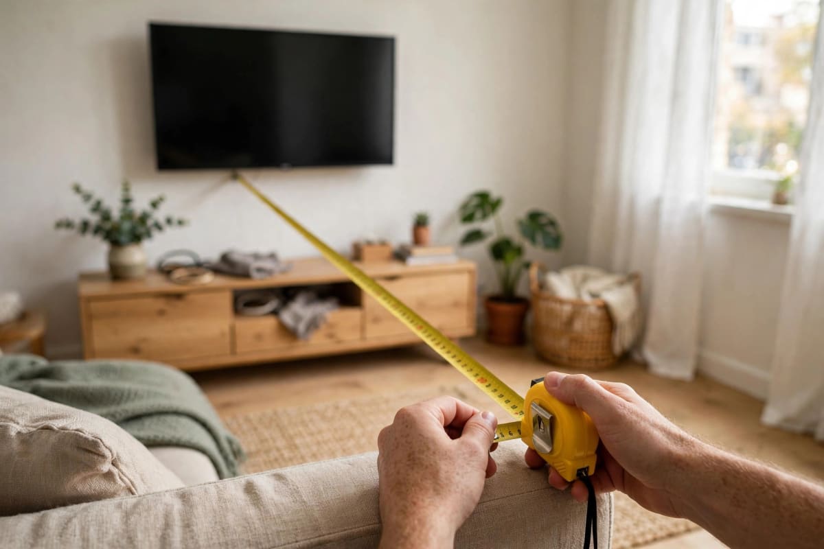 Measuring the viewing distance between a sofa and a wall-mounted TV in a small living room