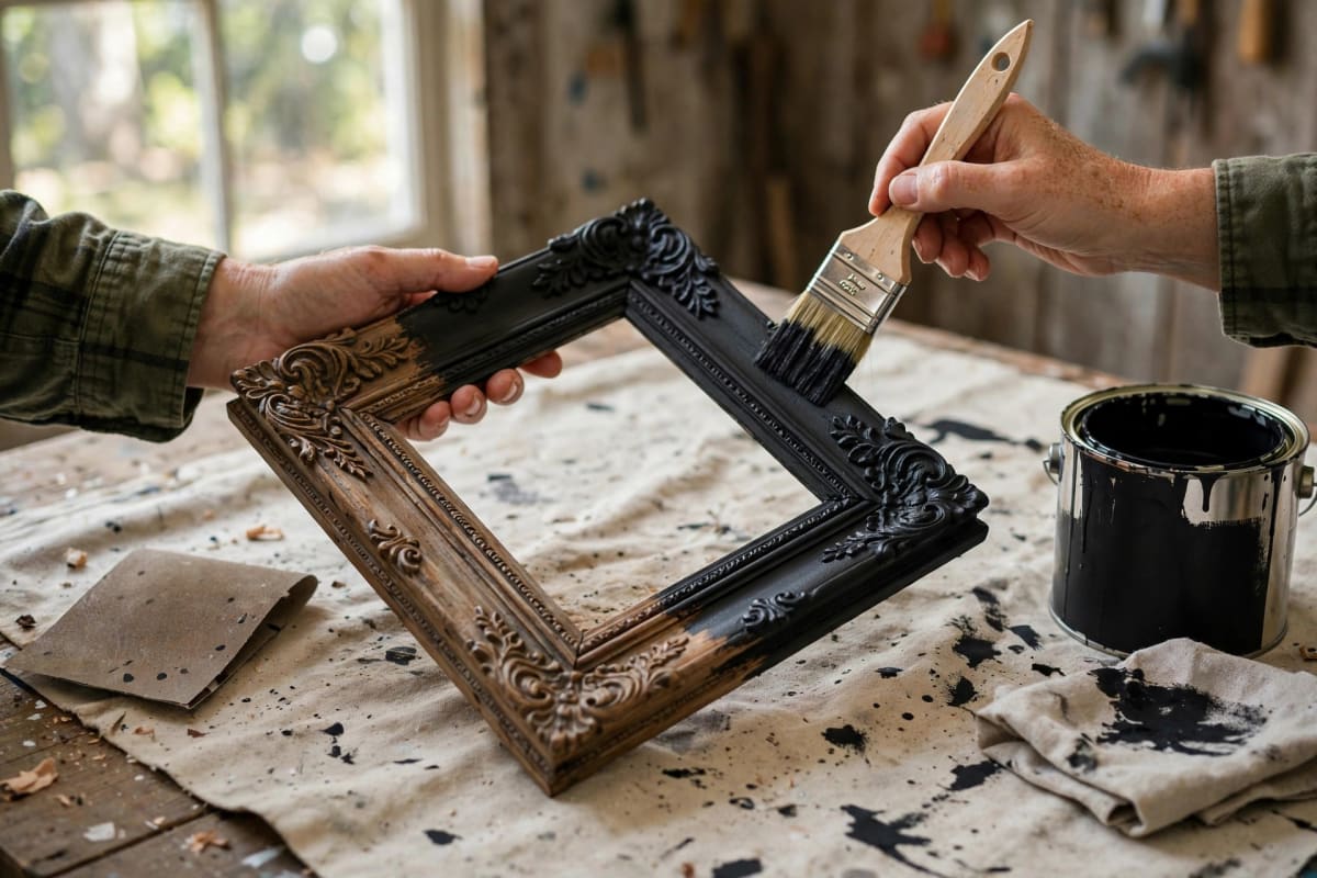 Painting a thrifted wooden picture frame with matte black chalk paint