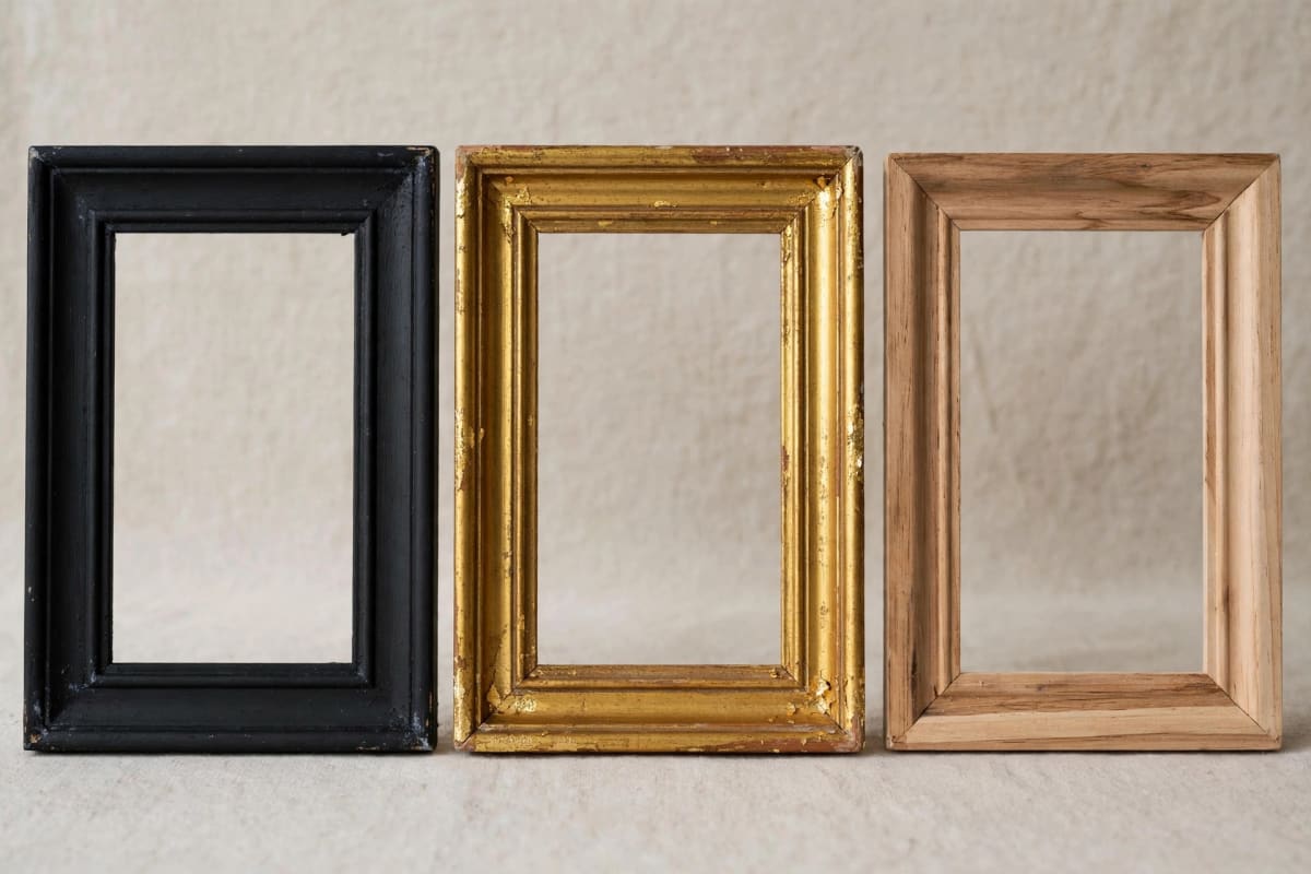 Three thrifted frames with different finishes: matte black, gold leaf edges, and natural wood