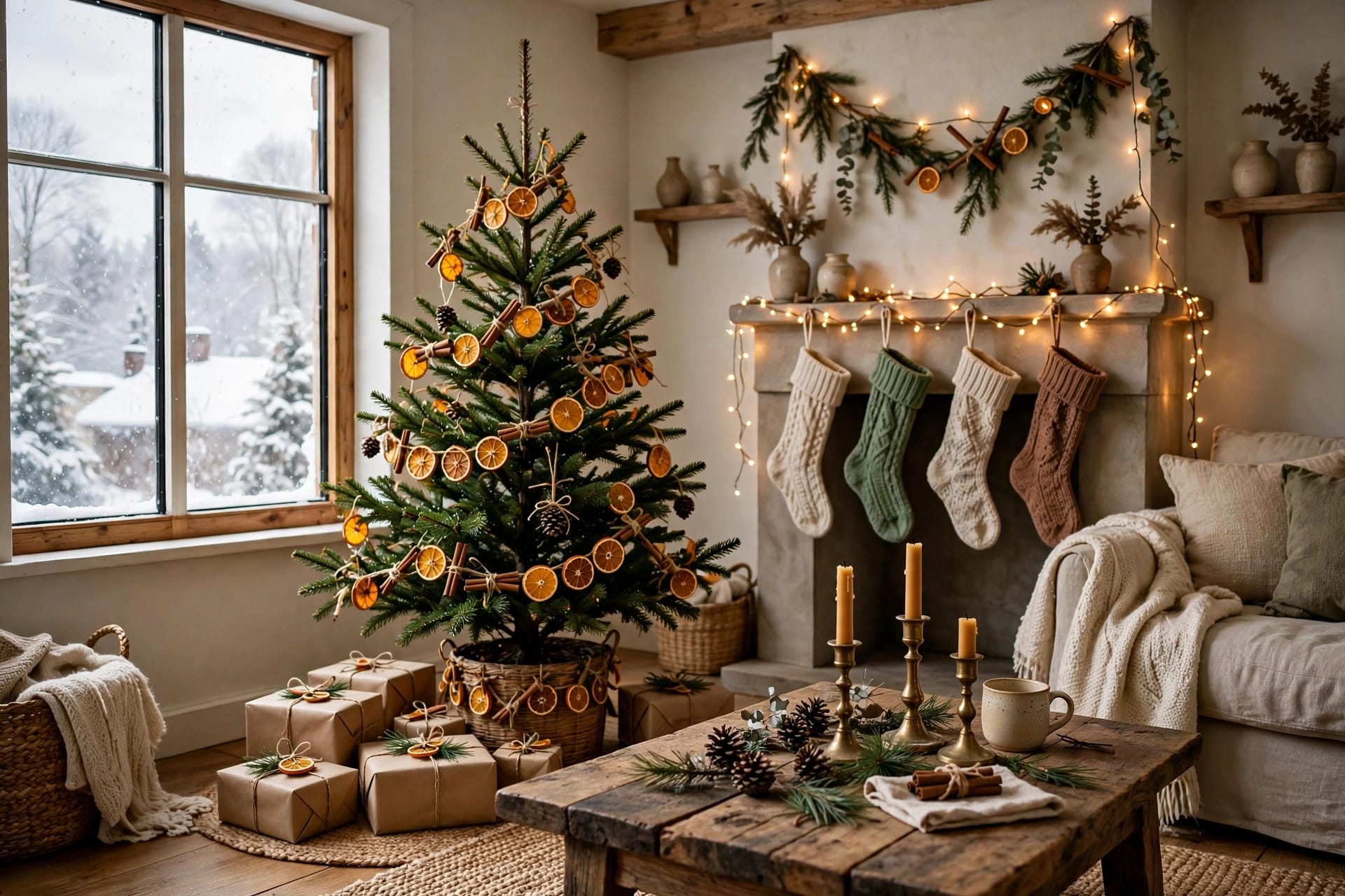 Cozy Christmas living room with dried-orange-slice tree, stocking-hung fireplace mantel and warm fairy lights