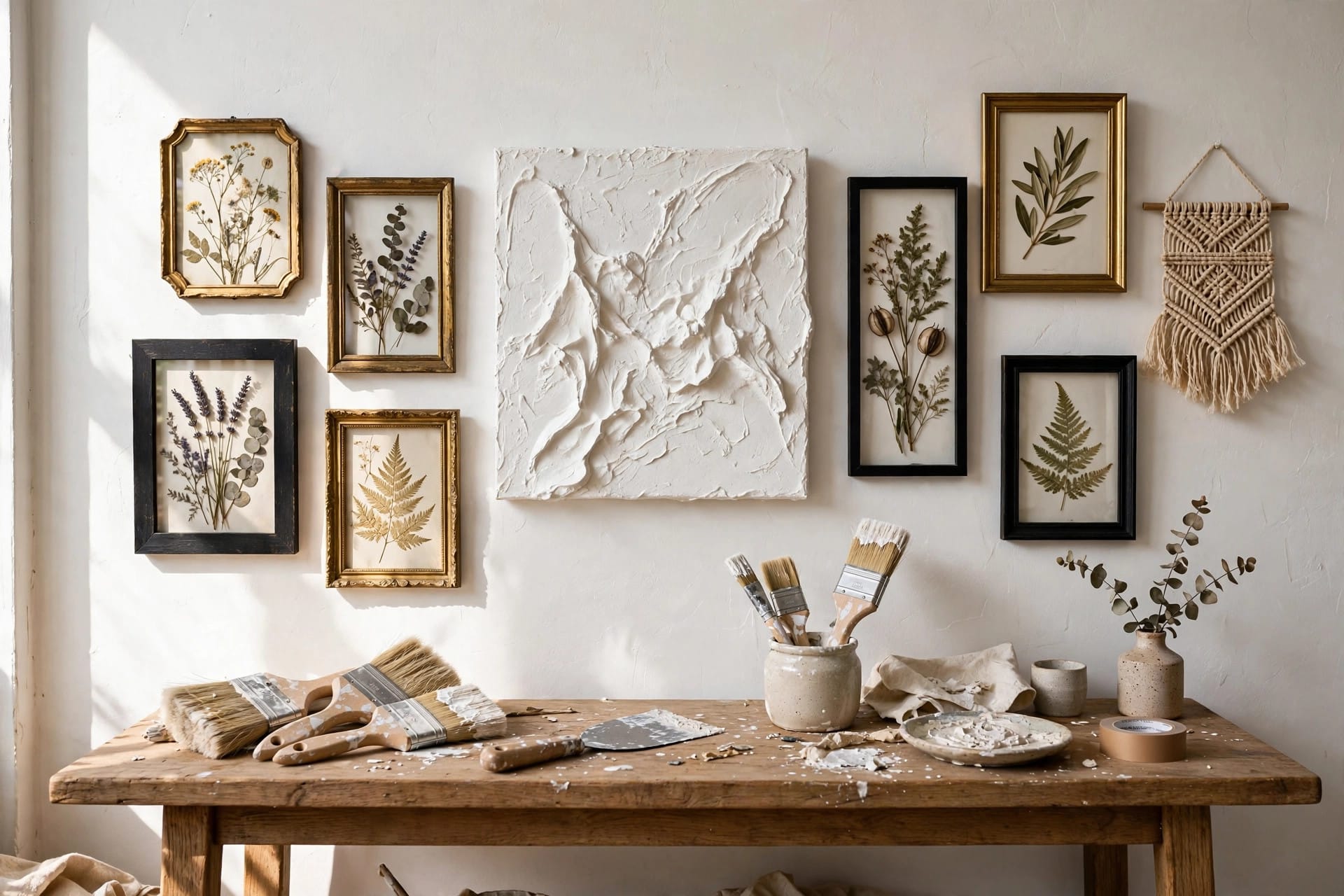 DIY gallery wall with framed pressed botanicals, textured spackle canvas art and macrame hanging above a workbench