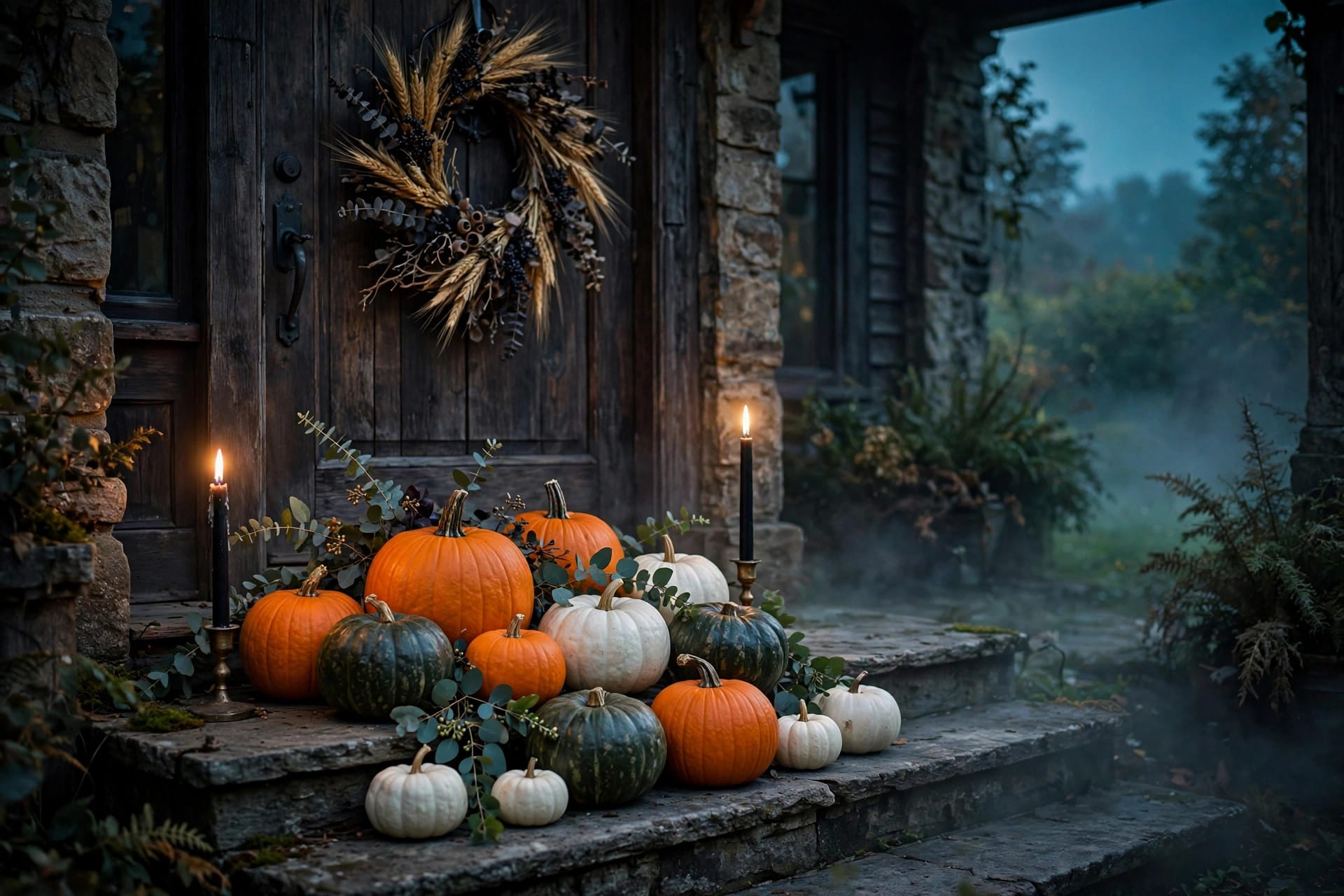 Moody Halloween porch with orange, white and green pumpkins, eucalyptus and lit black candles on stone steps at dusk