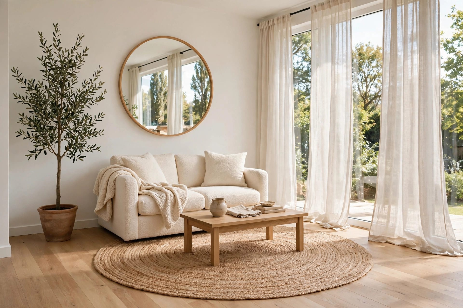 Bright small living room with cream boucle sofa, round wall mirror and sheer curtains making the space feel larger