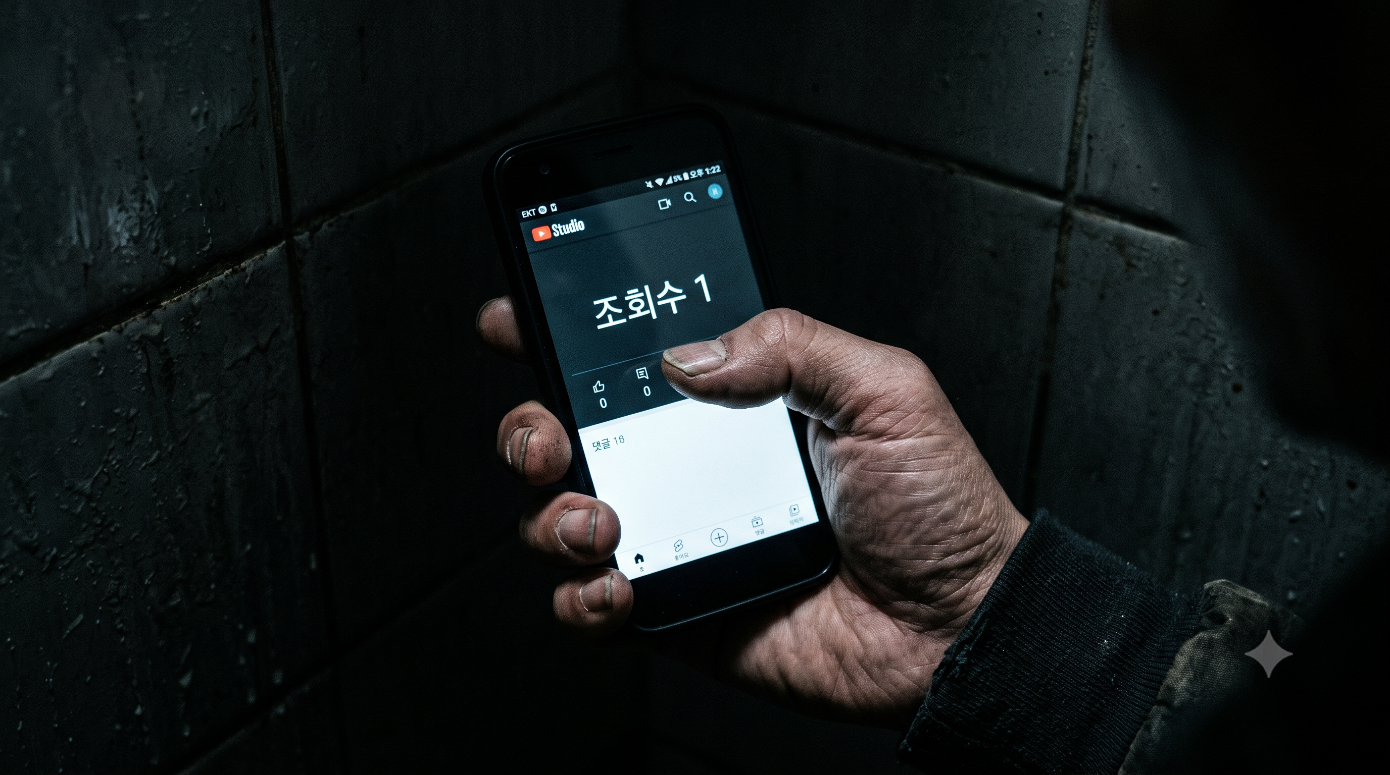 유튜브 조회수 어두운 화장실 칸에서 스마트폰