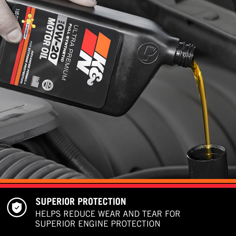 Look for K&N full synthetic motor oil K&N full synthetic motor oil being poured into an engine