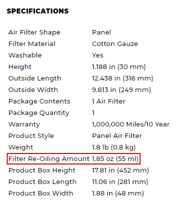 Recommended K&N oil amount