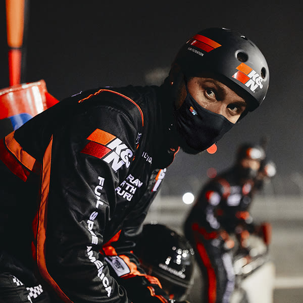 Pit crew member wearing a K&N face mask