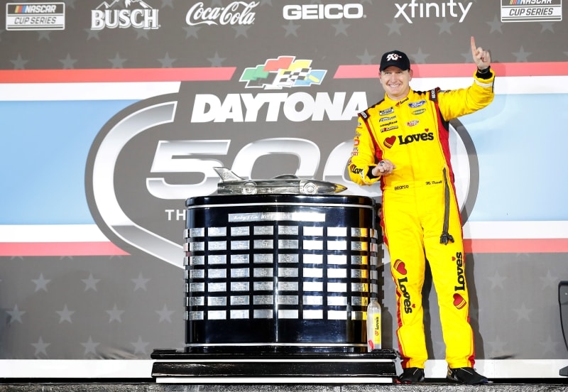 Michael McDowell celebrating his 2021 Daytona 500 win